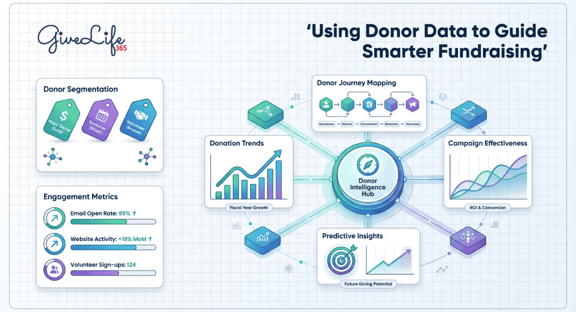 Illustration of nonprofit fundraising team analyzing donor data for campaign optimization